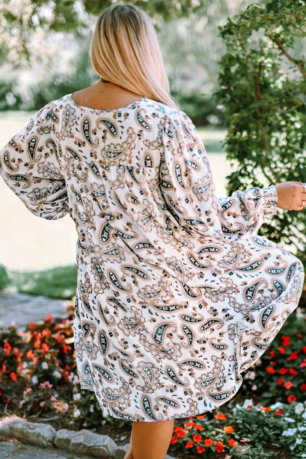 Plus Size Paisley Print Puff Sleeve Dress - Love culture store