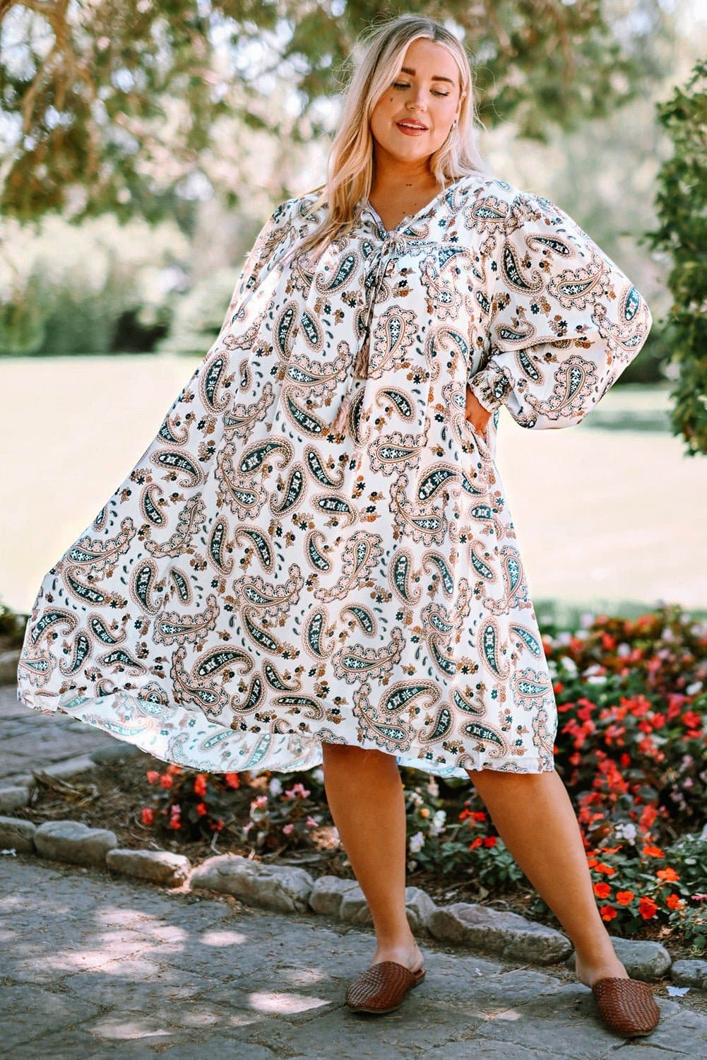 Plus Size Paisley Print Puff Sleeve Dress - Love culture store
