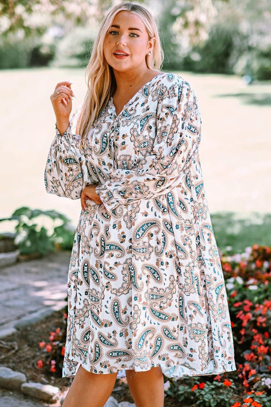 Plus Size Paisley Print Puff Sleeve Dress - Love culture store