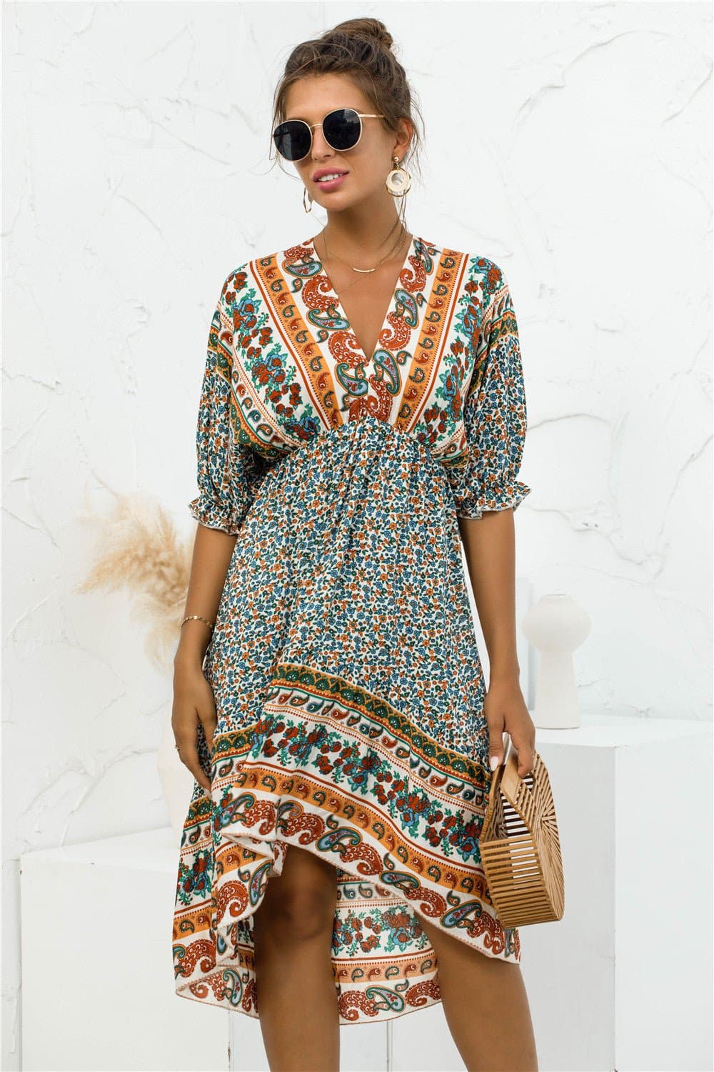 Printed Bohemian V Neck Dress - Love culture store