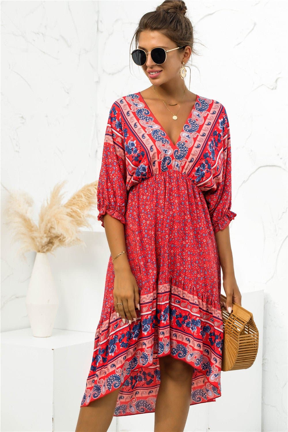 Printed Bohemian V Neck Dress - Love culture store