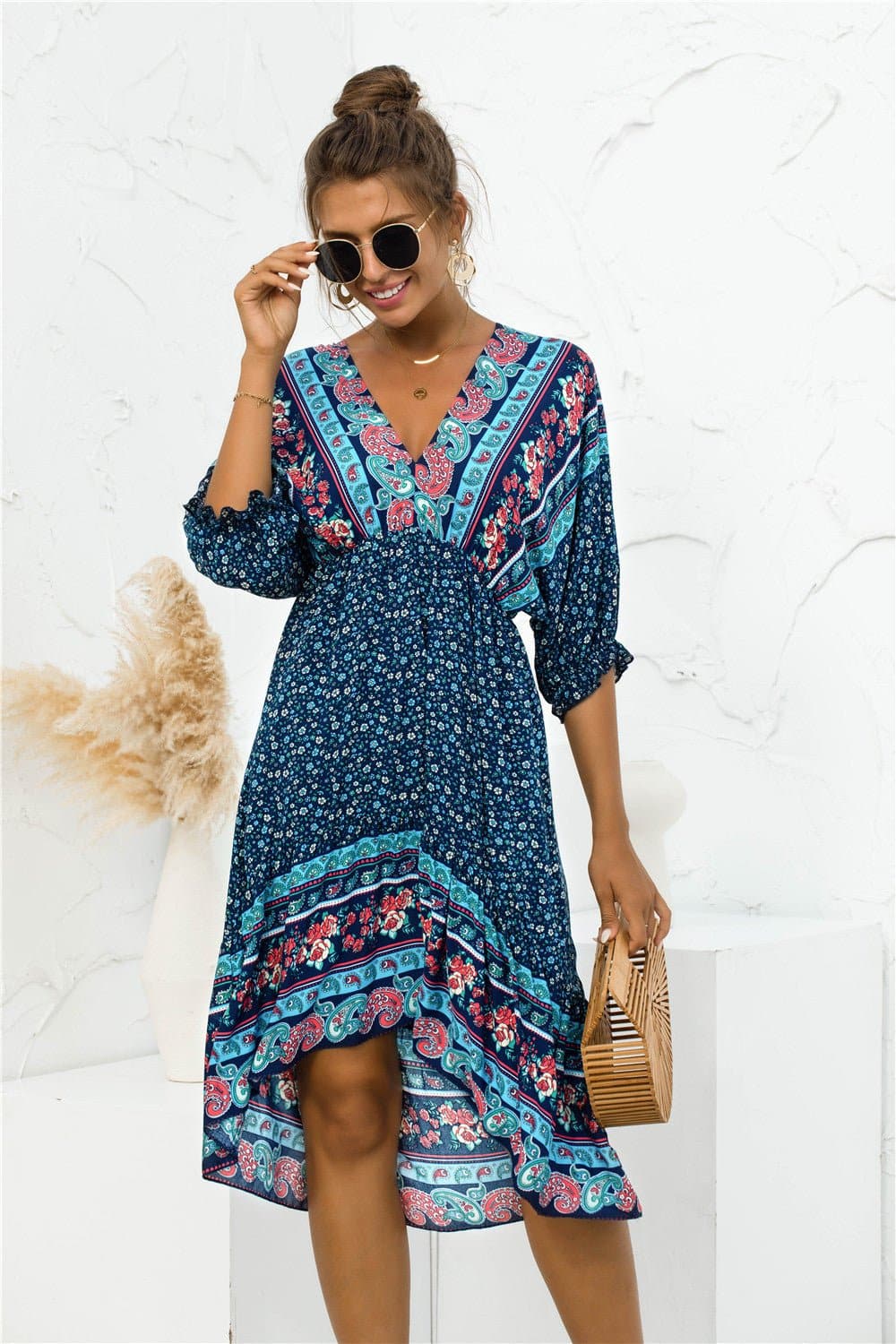 Printed Bohemian V Neck Dress - Love culture store