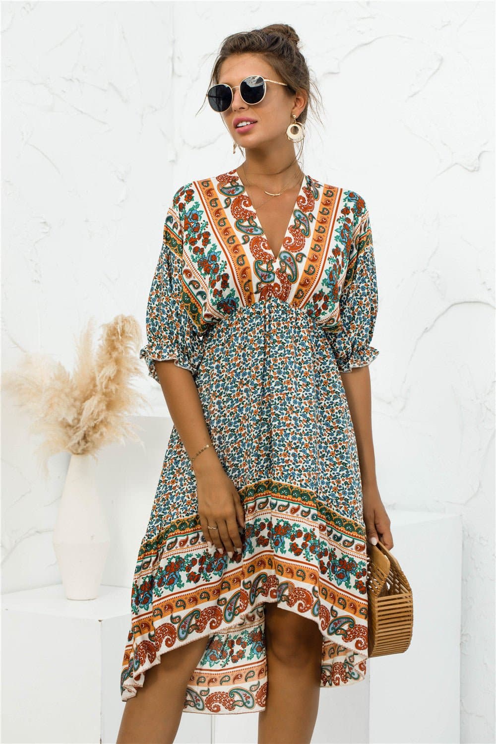Printed Bohemian V Neck Dress - Love culture store