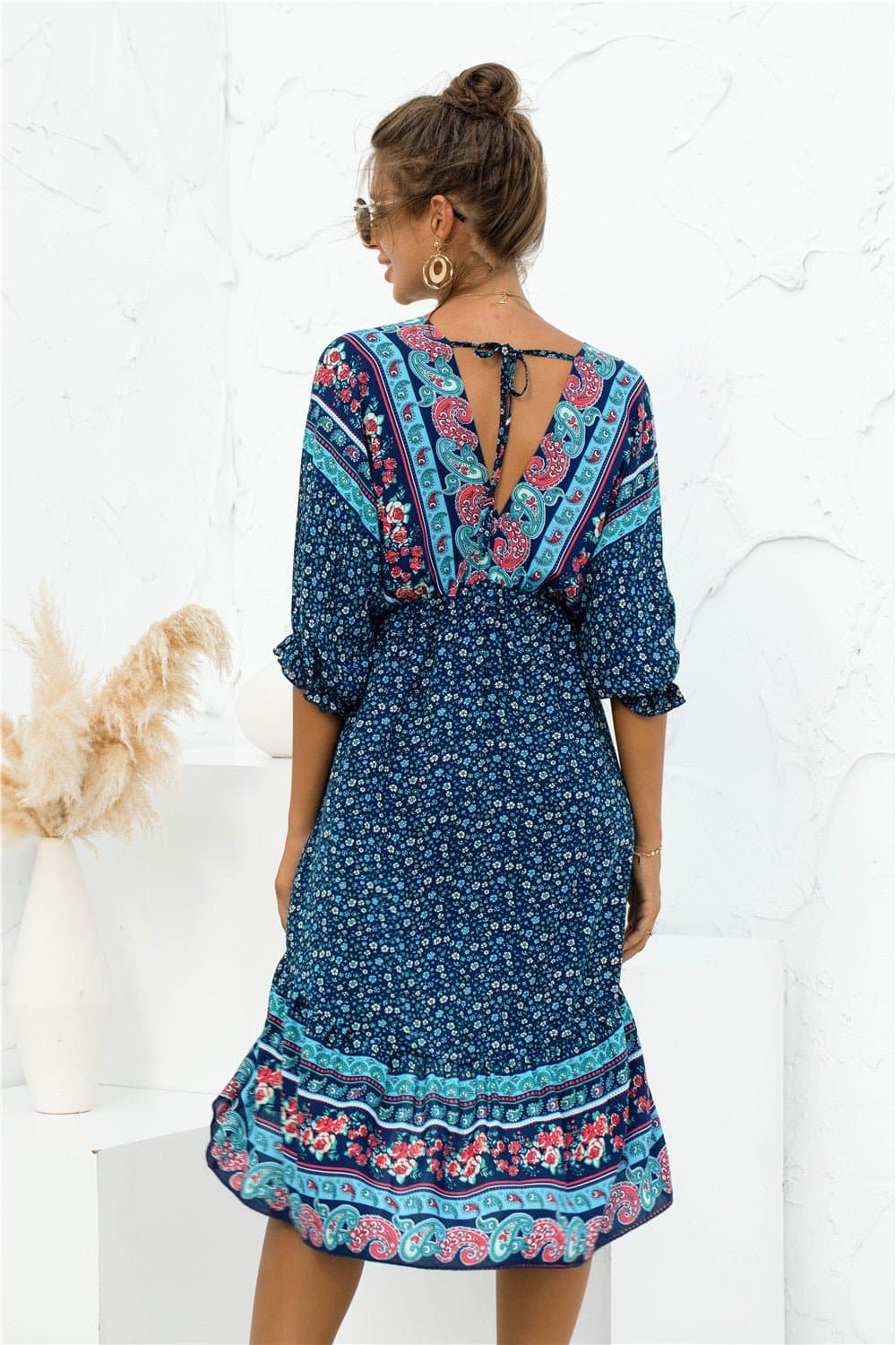 Printed Bohemian V Neck Dress - Love culture store