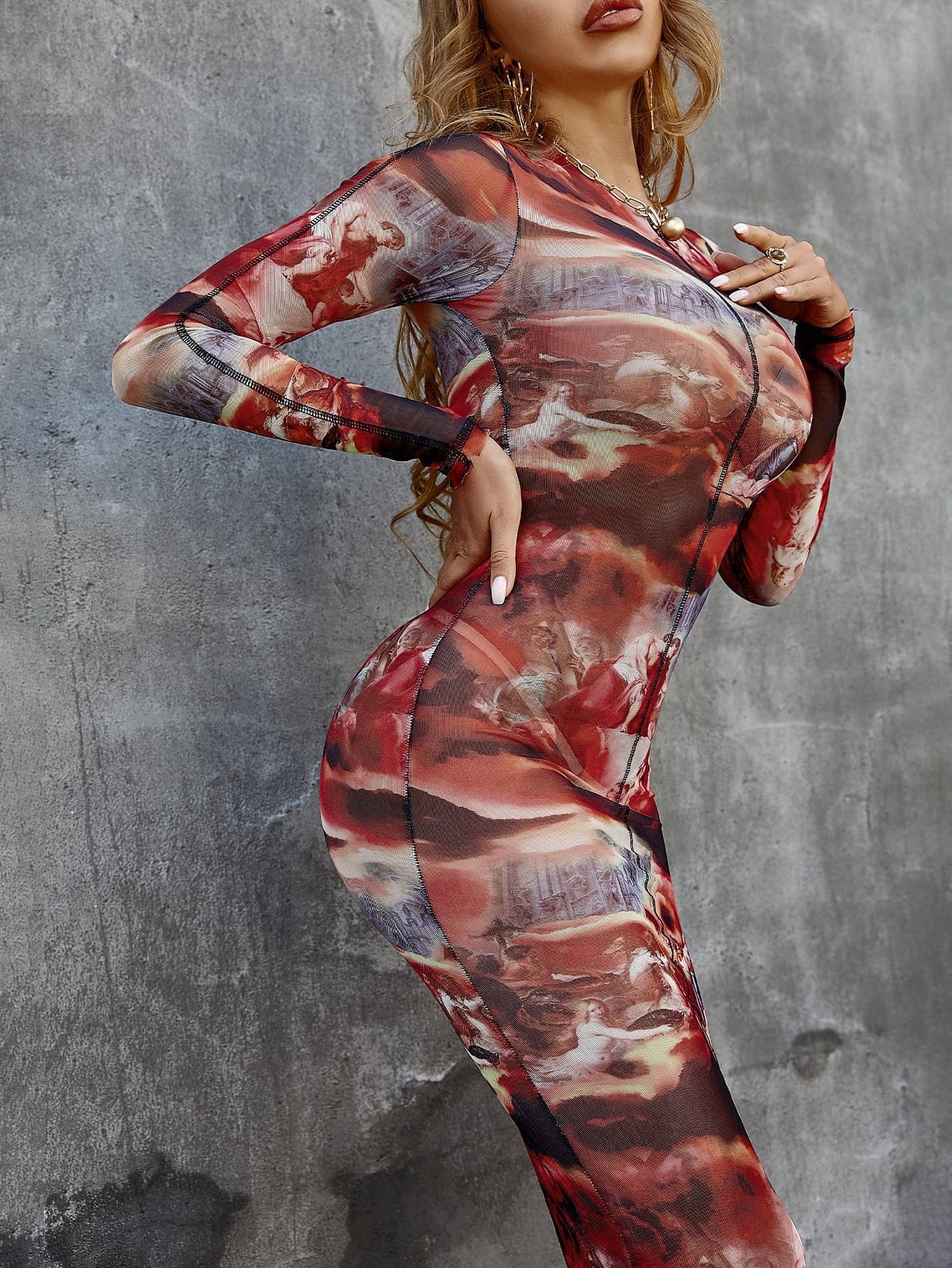 Printed Long Sleeve Crewneck Midi Bodycon Dress - Love culture store