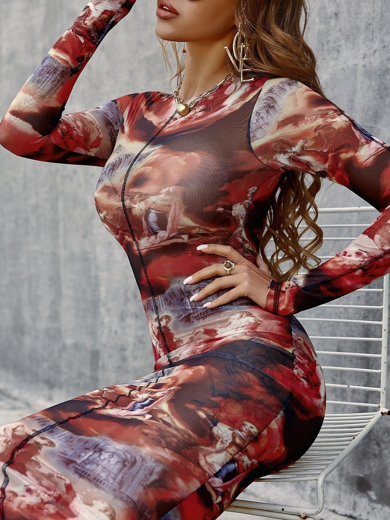 Printed Long Sleeve Crewneck Midi Bodycon Dress - Love culture store