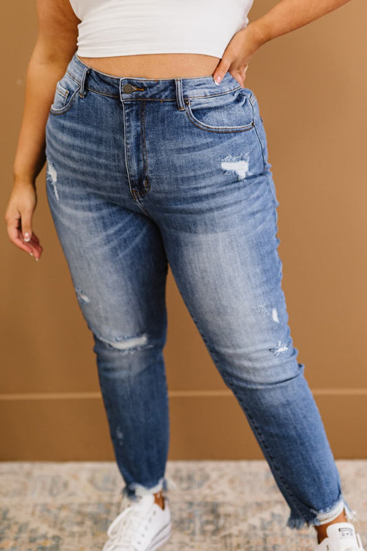 RISEN Simone High Rise Distressed Raw Hem Skinny Jeans - Love culture store