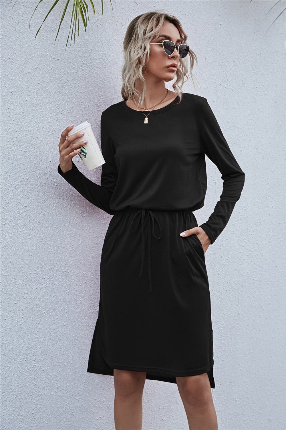 Round Neck Side Slit Dress - Love culture store