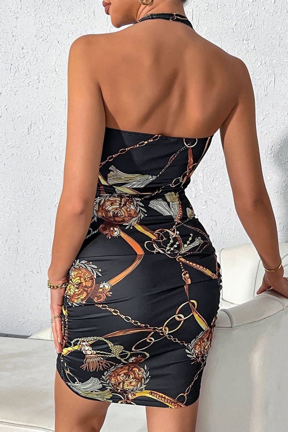 Scarf Print Ruched Halter Neck Bodycon Dress - Love culture store