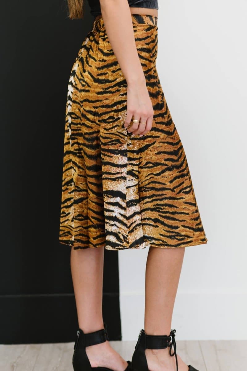 SHOPIRISBASIC Eye of the Tiger Satin Midi Skirt - Love Culture