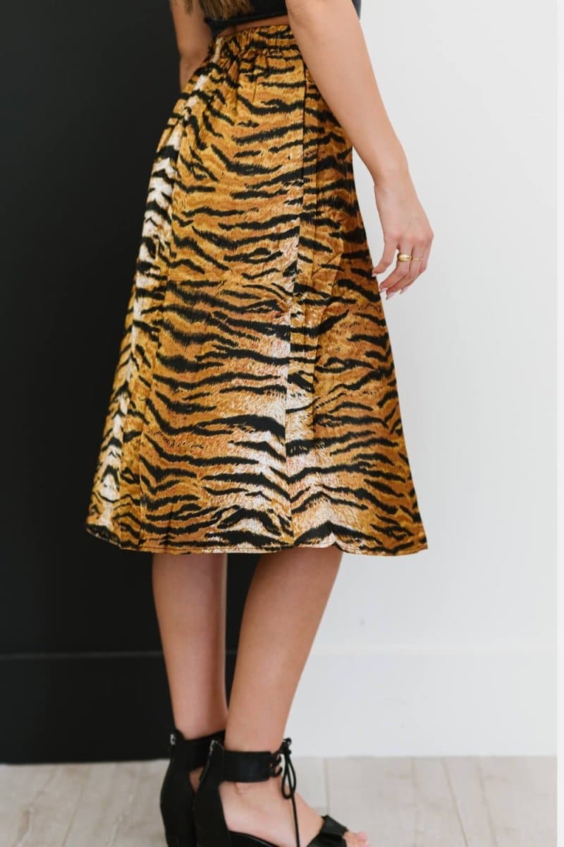 SHOPIRISBASIC Eye of the Tiger Satin Midi Skirt - Love Culture