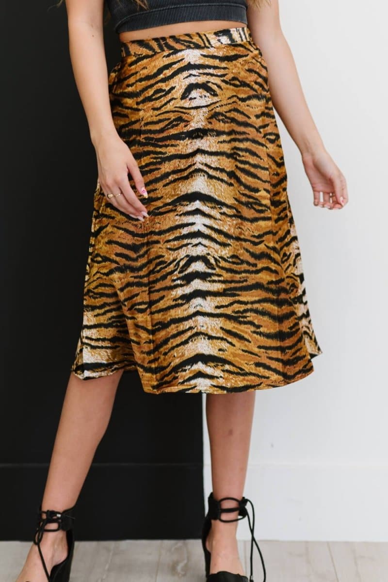SHOPIRISBASIC Eye of the Tiger Satin Midi Skirt - Love Culture