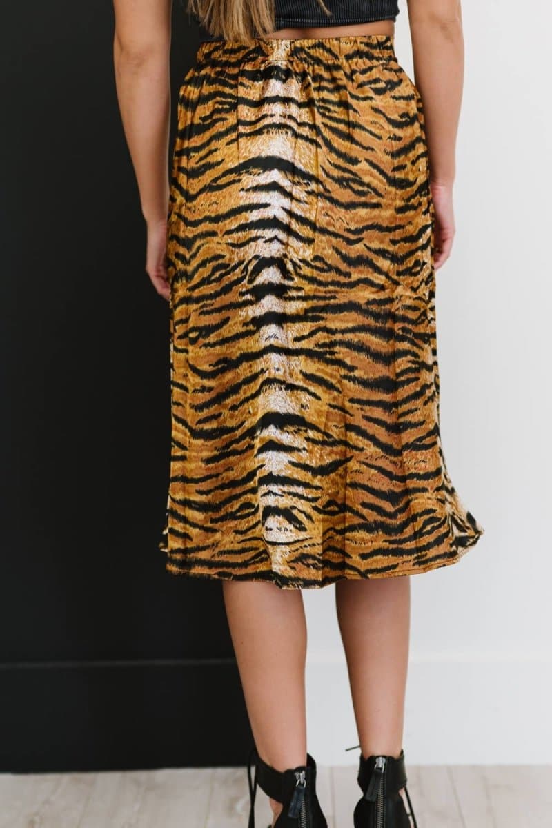 SHOPIRISBASIC Eye of the Tiger Satin Midi Skirt - Love Culture