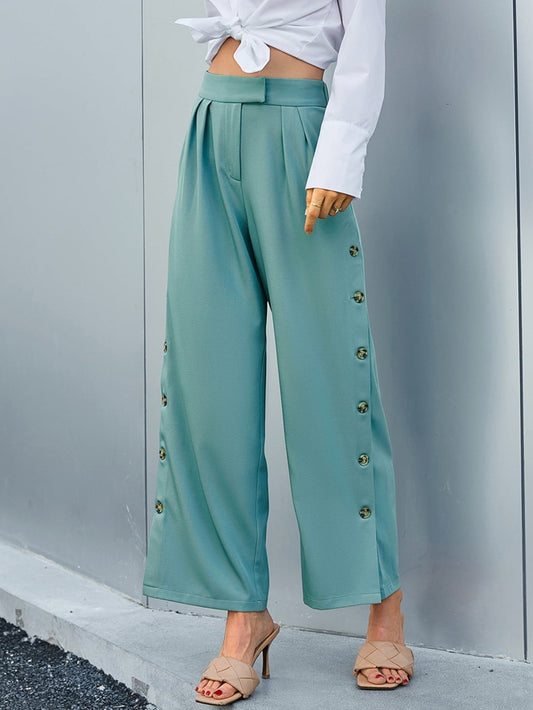 Side Button Wide Leg Pants with Pockets - Love culture store