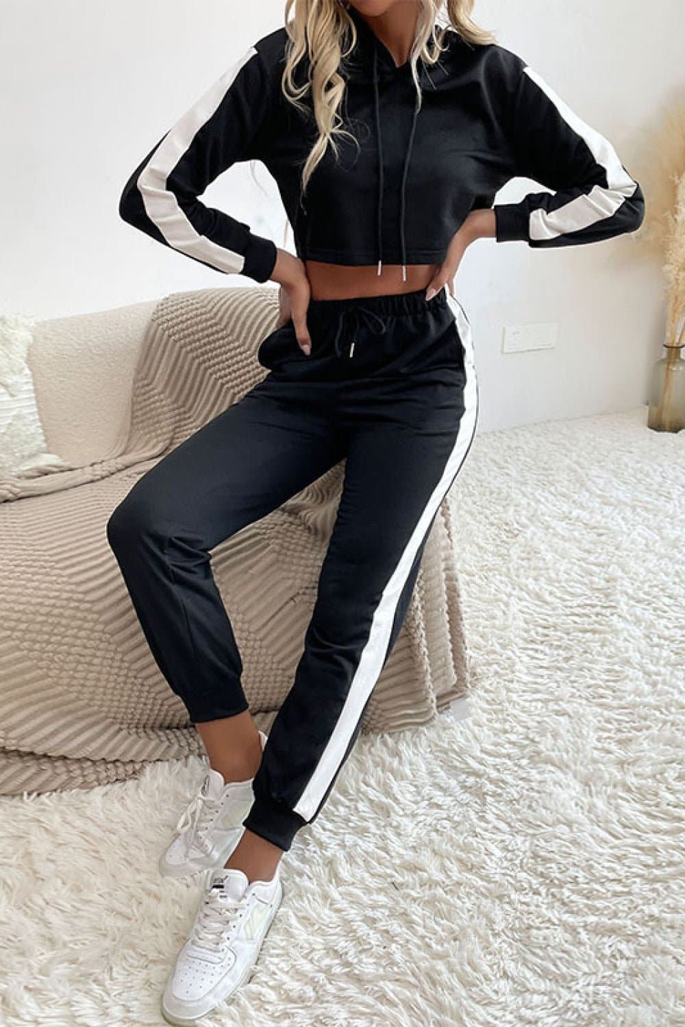 Side Stripe Cropped Hoodie and Jogger Set - Love culture store