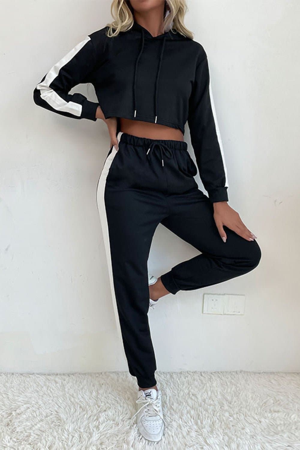 Side Stripe Cropped Hoodie and Jogger Set - Love culture store