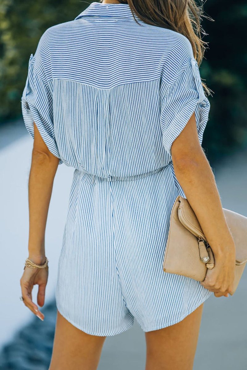 Striped Collared Neck Belted Romper - Love Culture