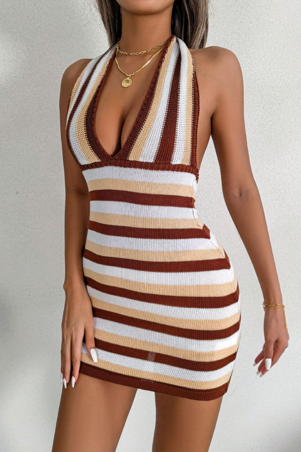 Striped Halter Neck Backless Knit Mini Dress - Love culture store