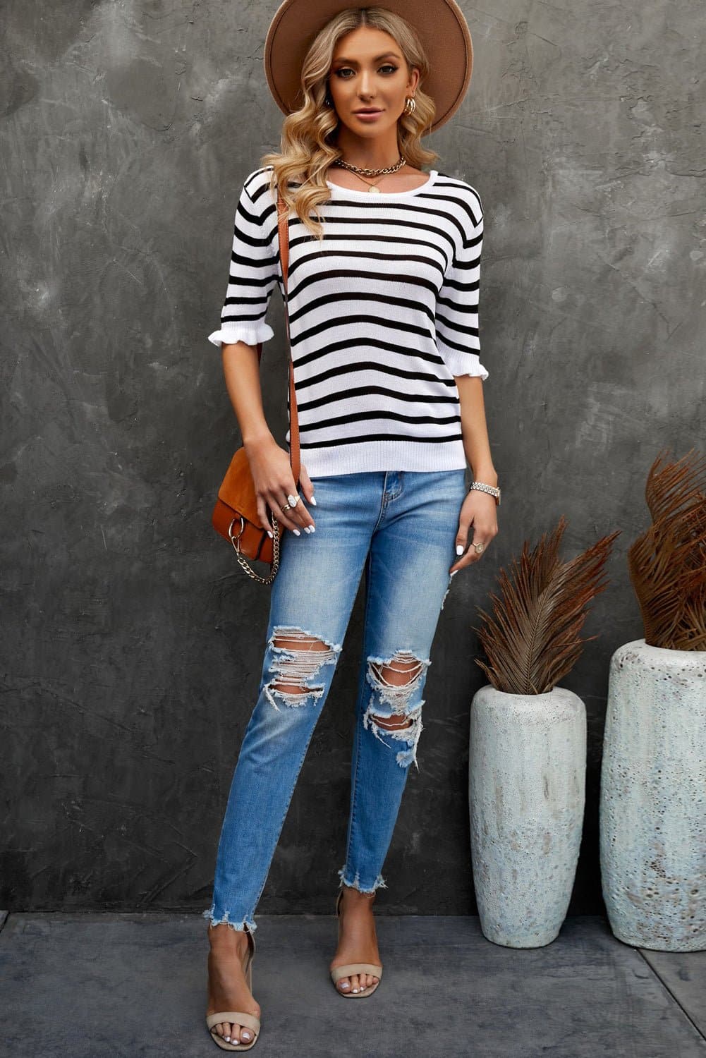 Striped Tie Back Flare Sleeve Knit Top - Love culture store