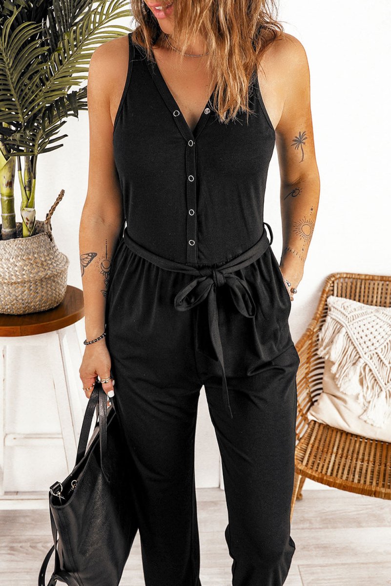Tie Waist Snap Down Jumpsuit with Pockets - Love Culture