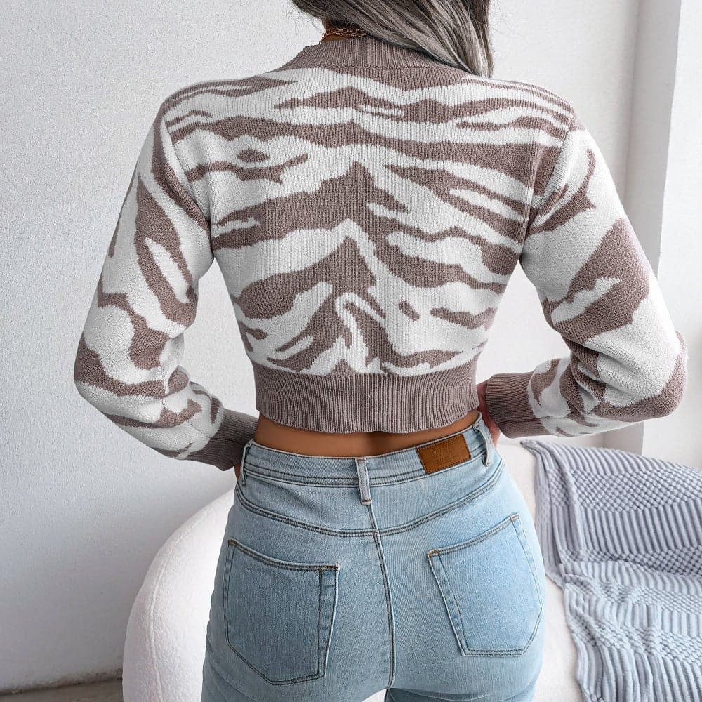Tiger Print Mock Neck Cropped Sweater - Love culture store