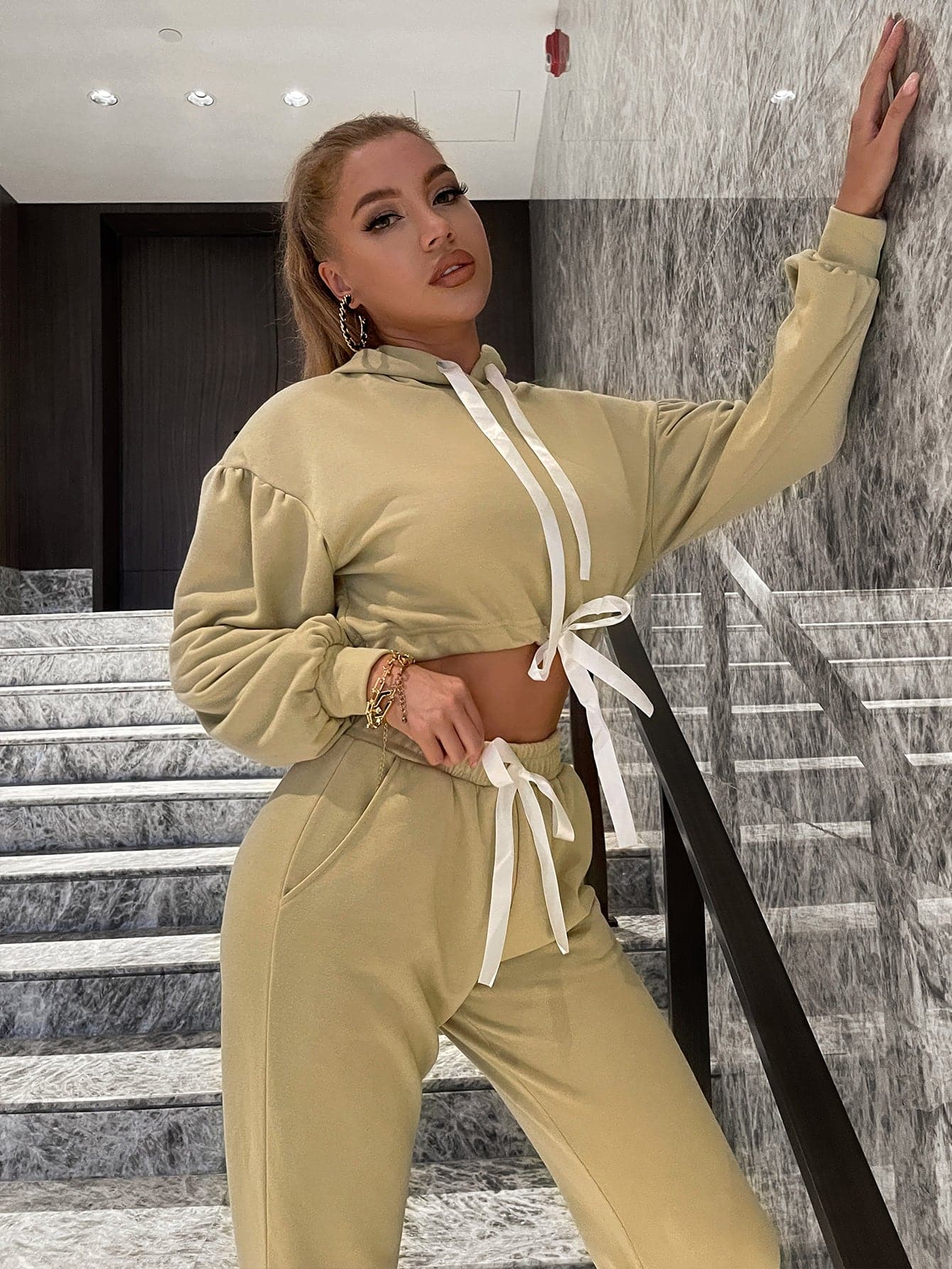 Two-Tone Drawstring Cropped Hoodie and Joggers Set - Love culture store