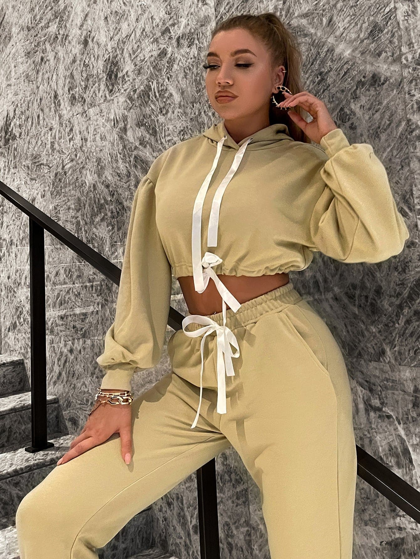 Two-Tone Drawstring Cropped Hoodie and Joggers Set - Love culture store