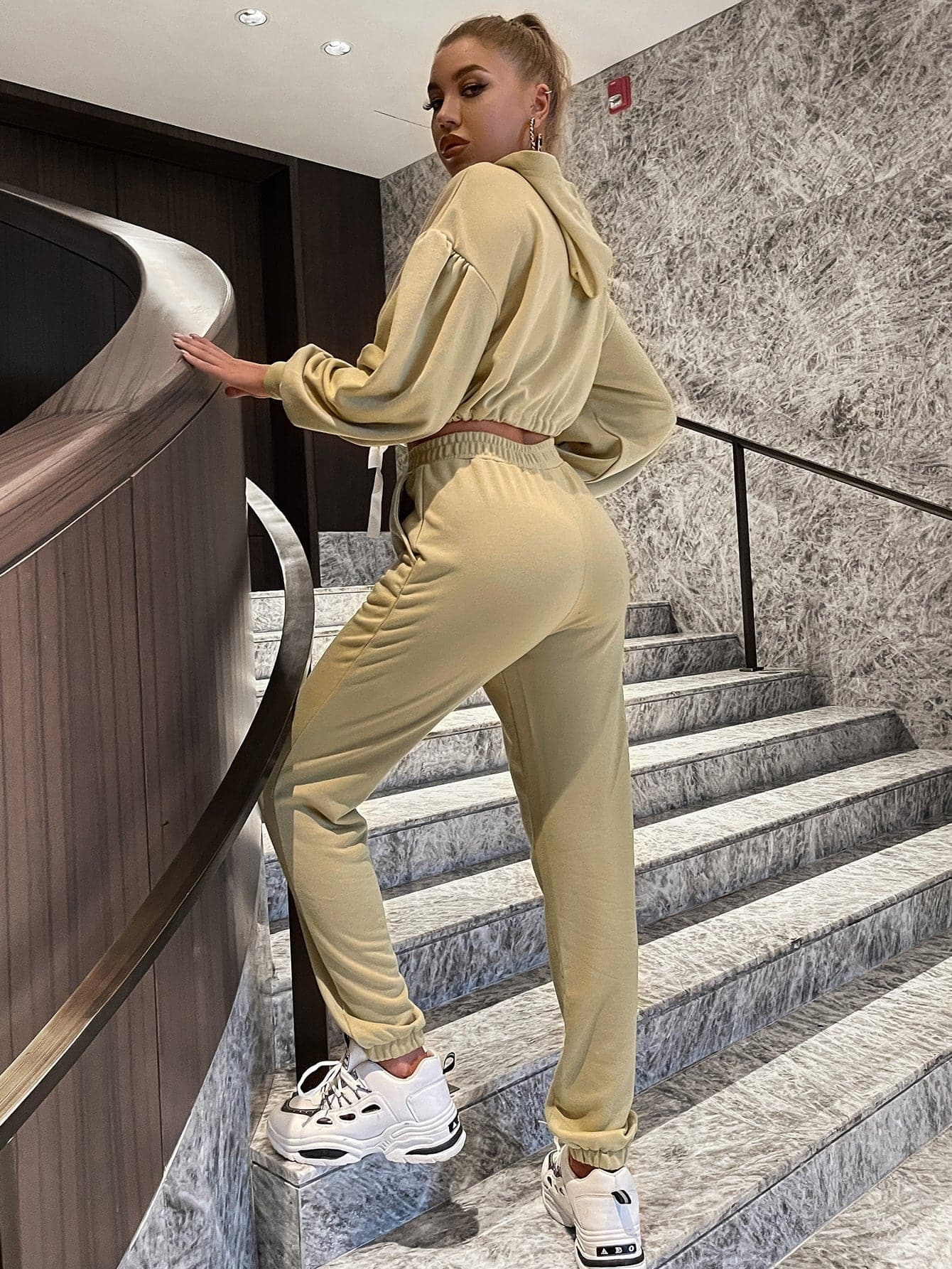 Two-Tone Drawstring Cropped Hoodie and Joggers Set - Love culture store