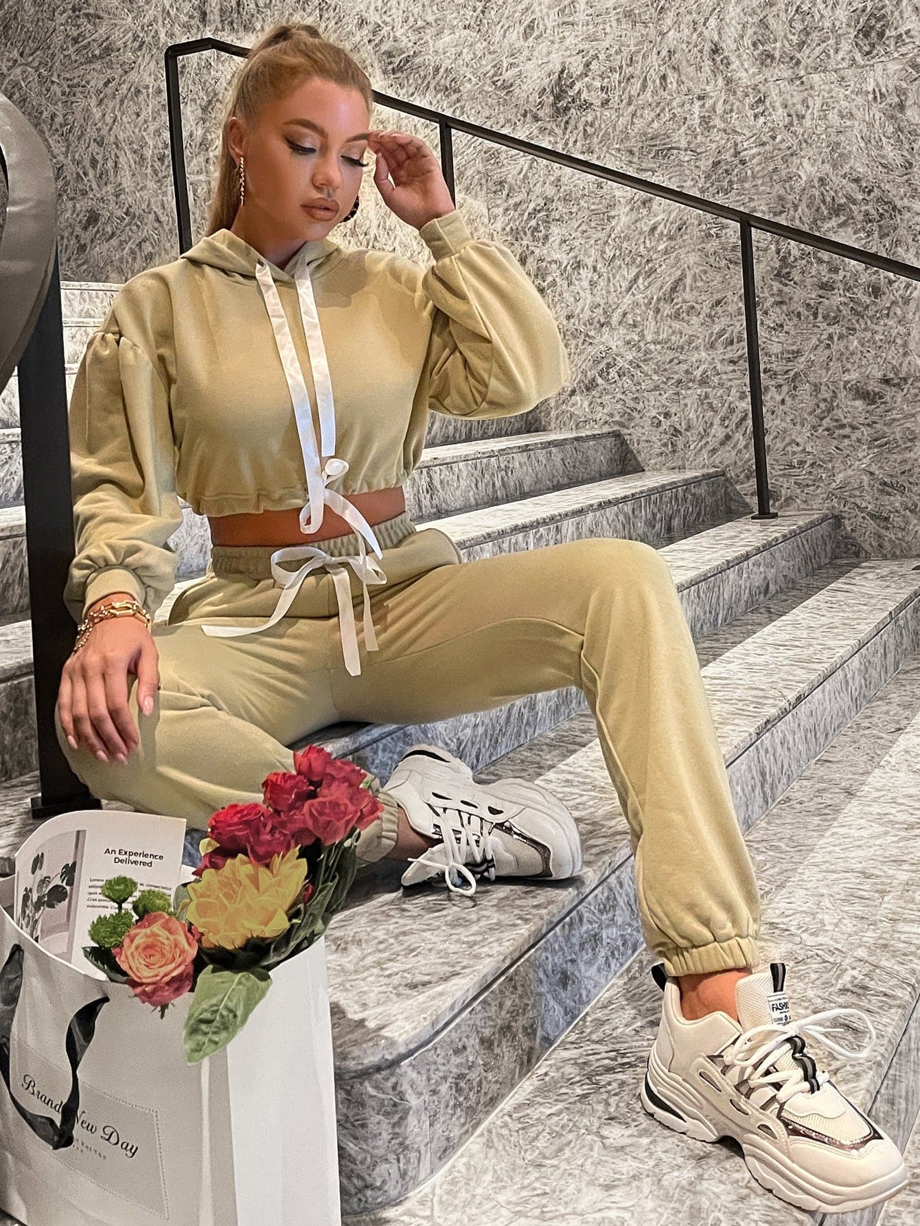 Two-Tone Drawstring Cropped Hoodie and Joggers Set - Love culture store