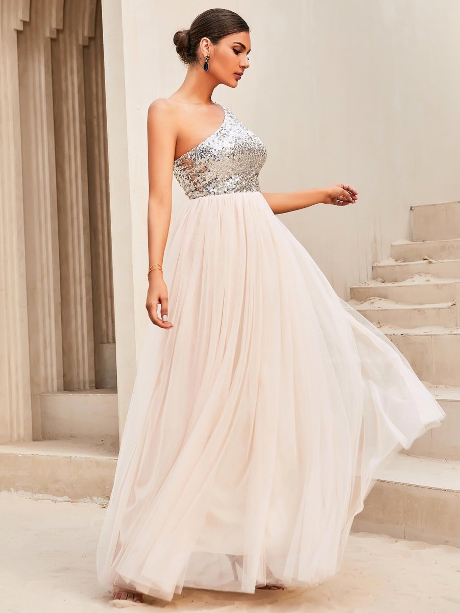 Two-Tone Sequin One-Shoulder Sleeveless Dress - Love Culture