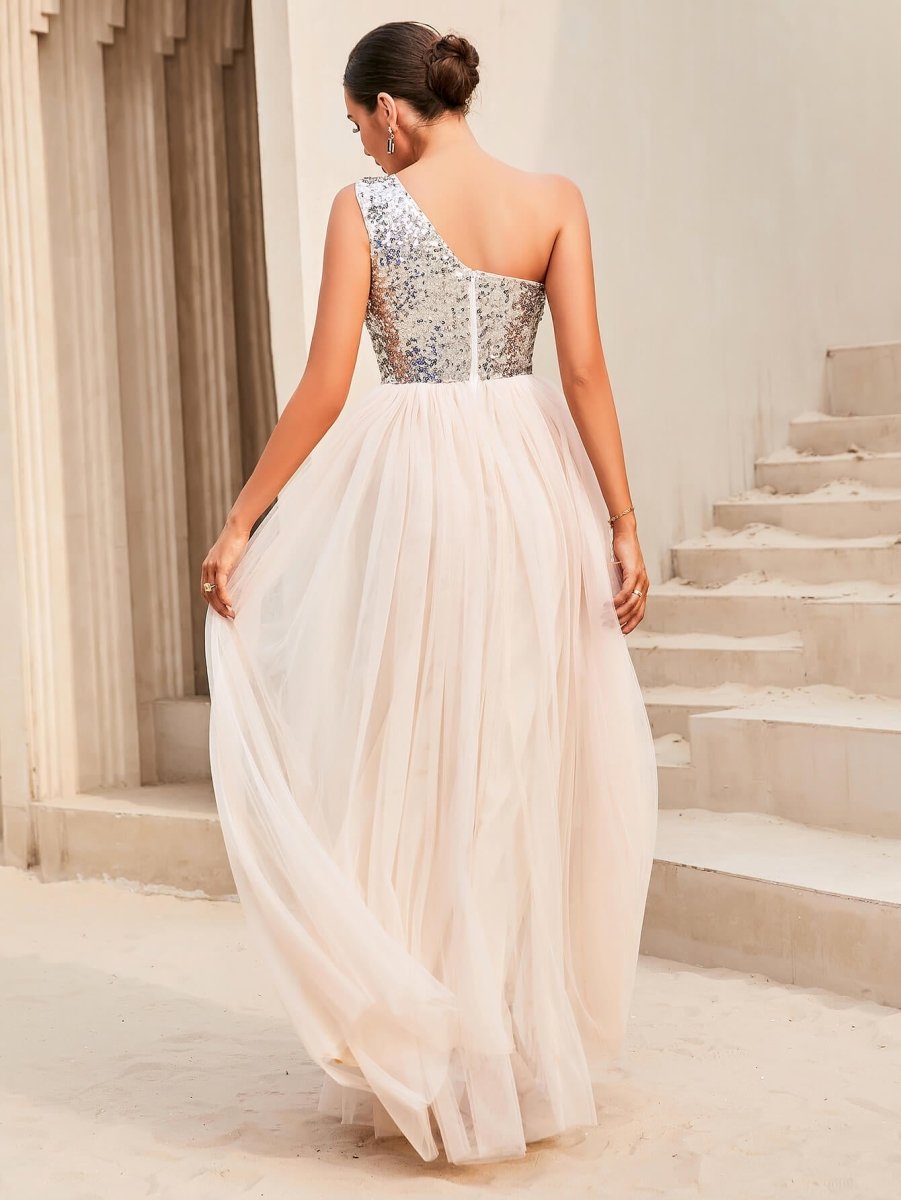 Two-Tone Sequin One-Shoulder Sleeveless Dress - Love Culture