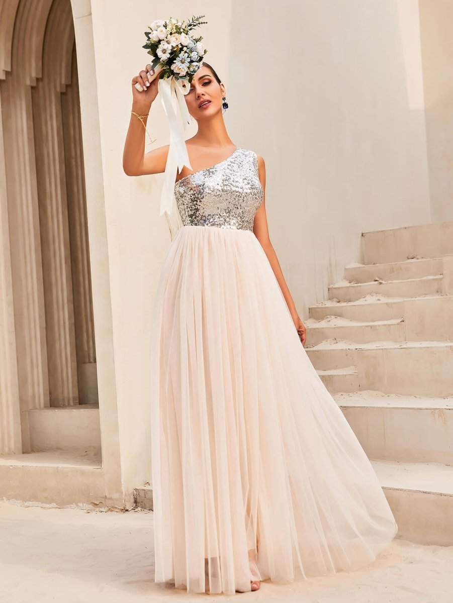 Two-Tone Sequin One-Shoulder Sleeveless Dress - Love Culture