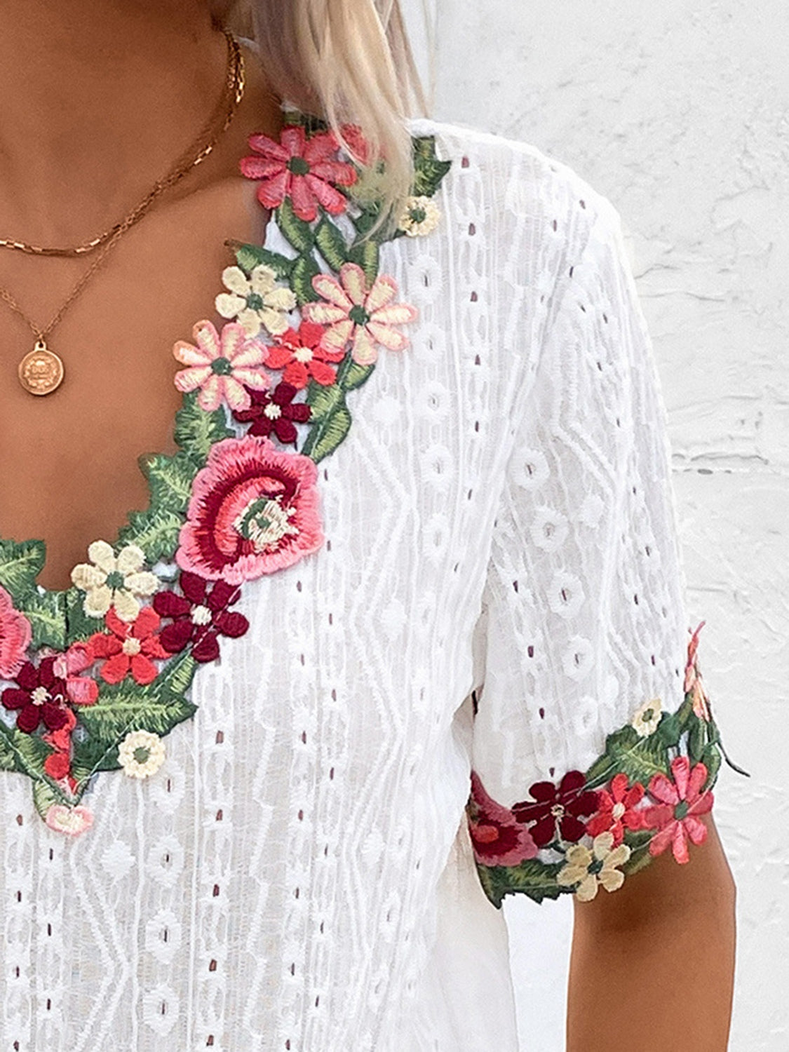 Eyelet Embroidered V-Neck Short Sleeve Blouse