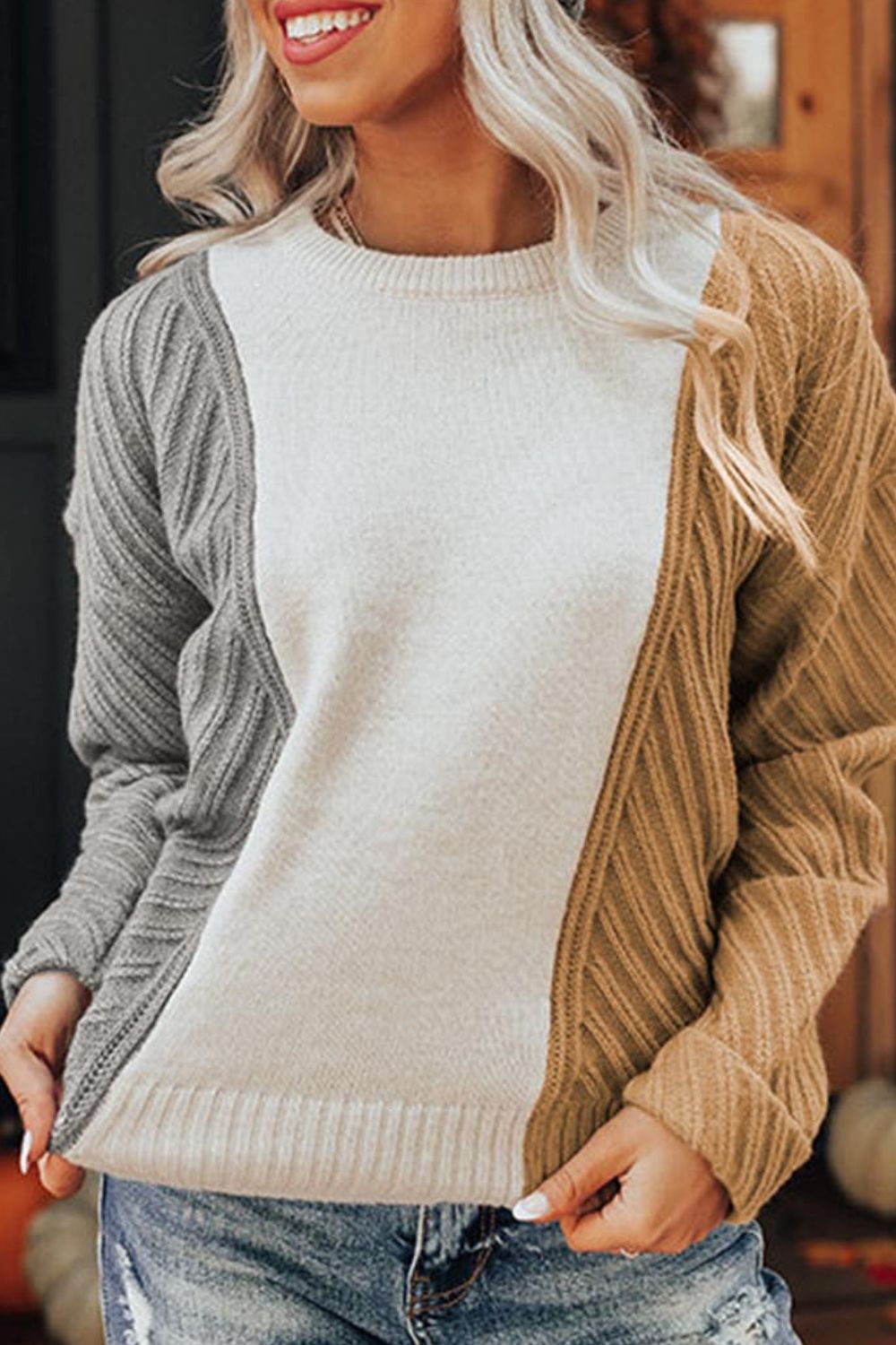 Color Block Textured Drop Shoulder Sweater