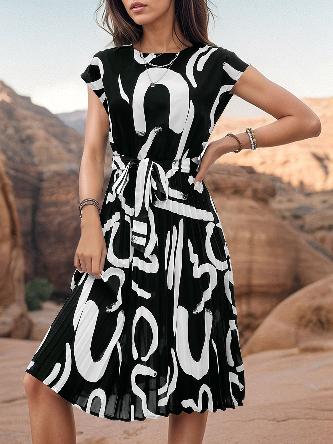 Printed Cap Sleeve Tie Waist Dress