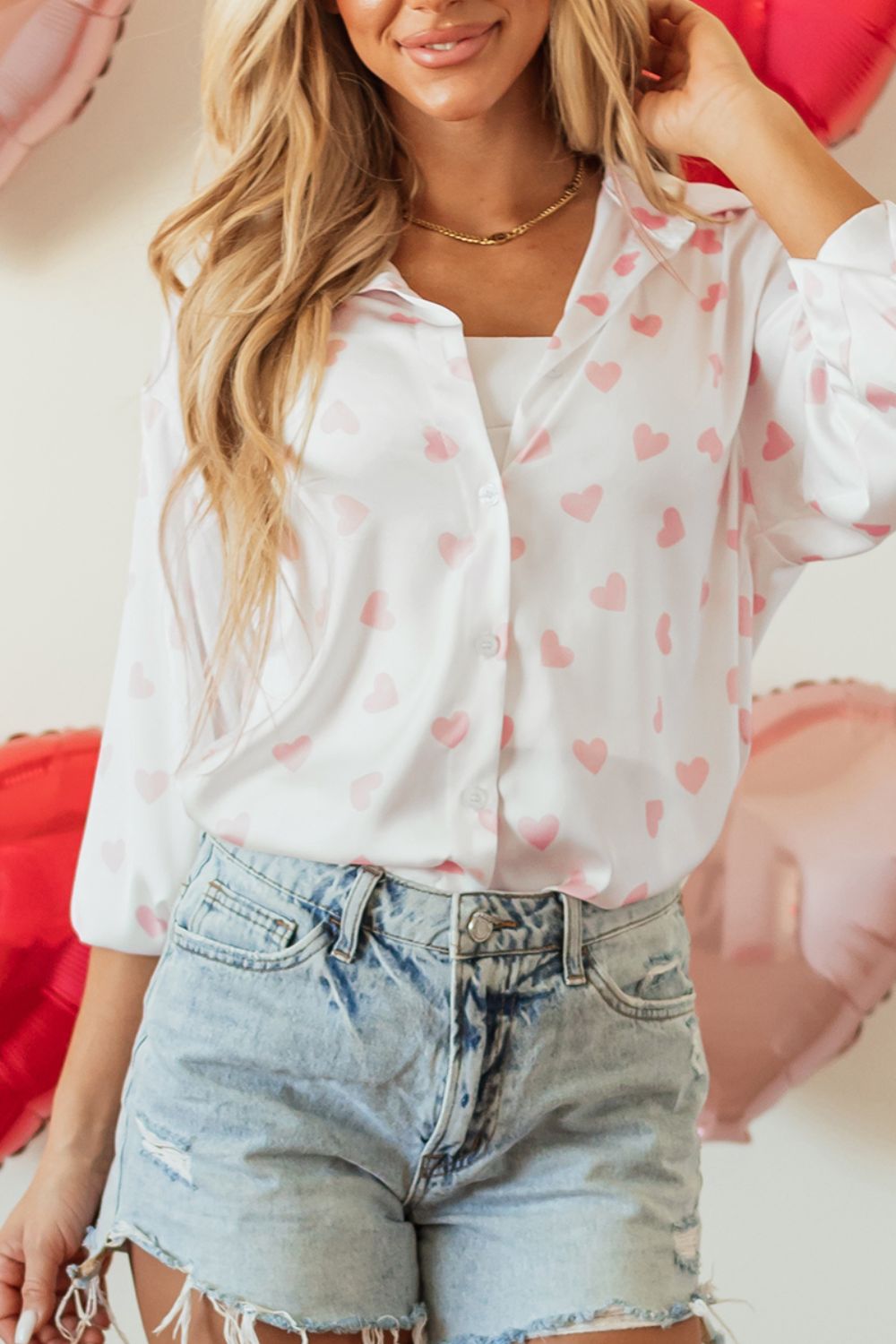 Heart Print Collared Neck Long Sleeve Shirt