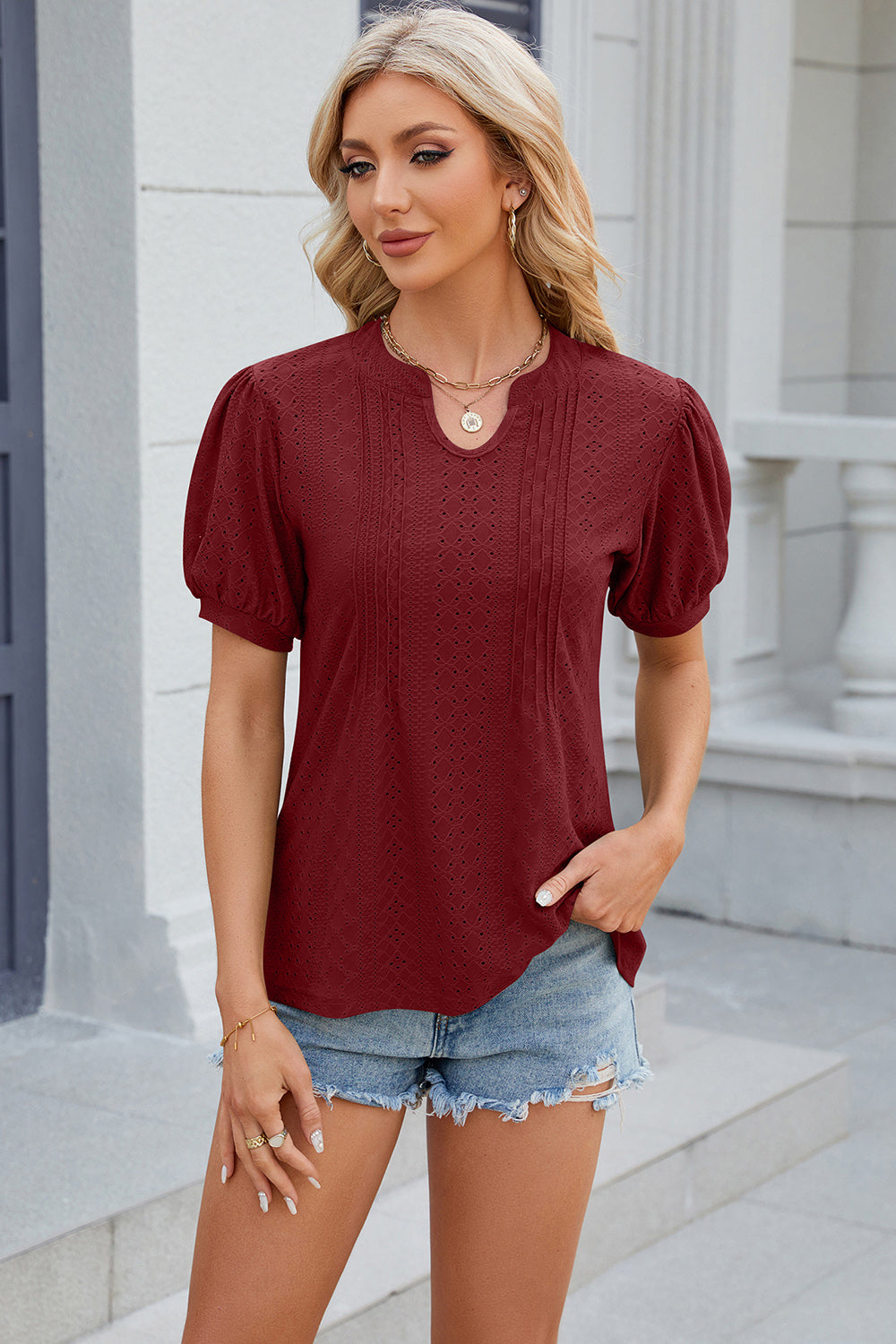 Eyelet Notched Puff Sleeve Blouse