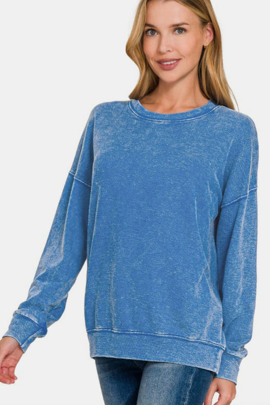 Zenana Washed Round Neck Dropped Shoulder Sweatshirt