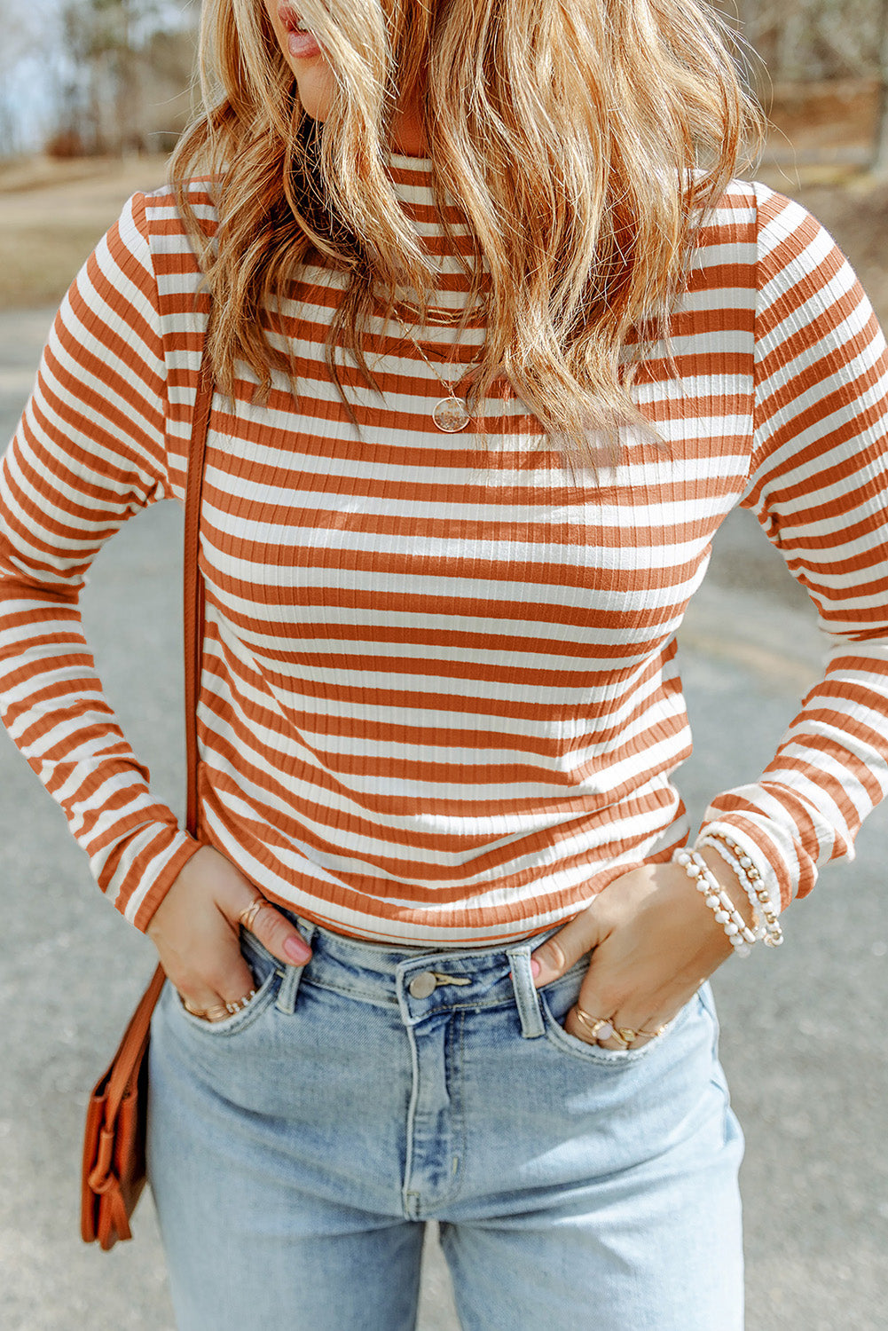 Striped Mock Neck Long Sleeve Top