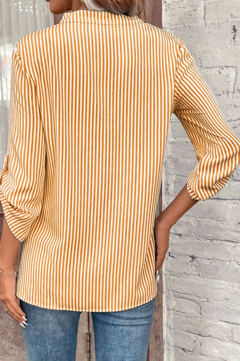 Striped Notched Roll-Tab Sleeve Shirt