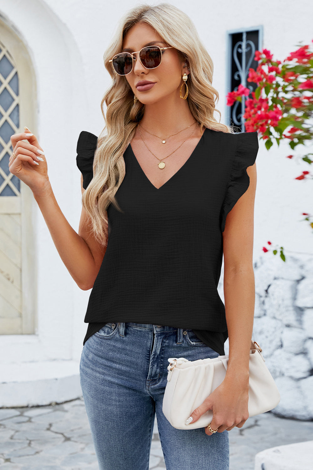 Ruffled V-Neck Cap Sleeve Blouse