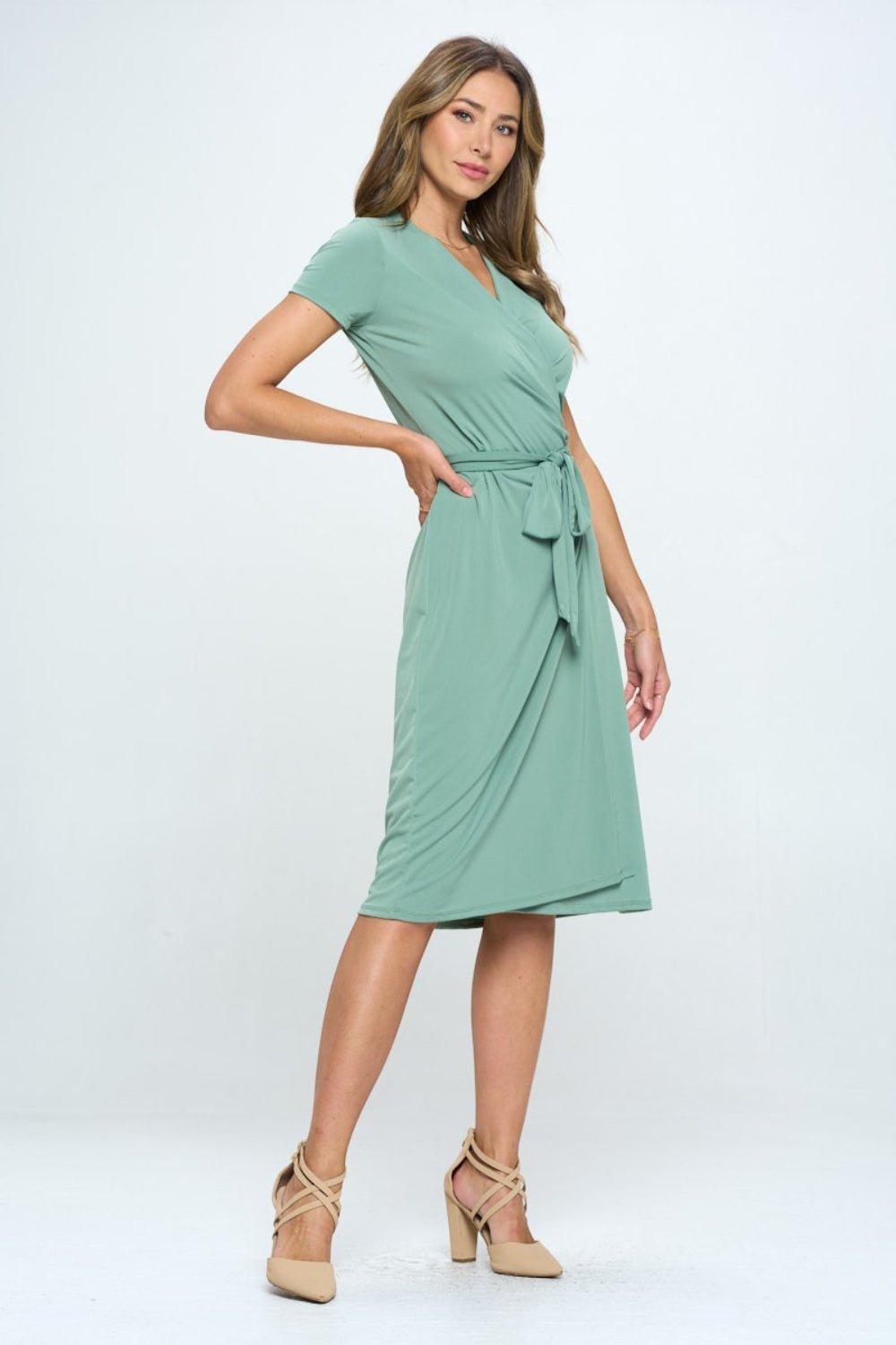 RENEE C Tie Front Surplice Short Sleeve Dress