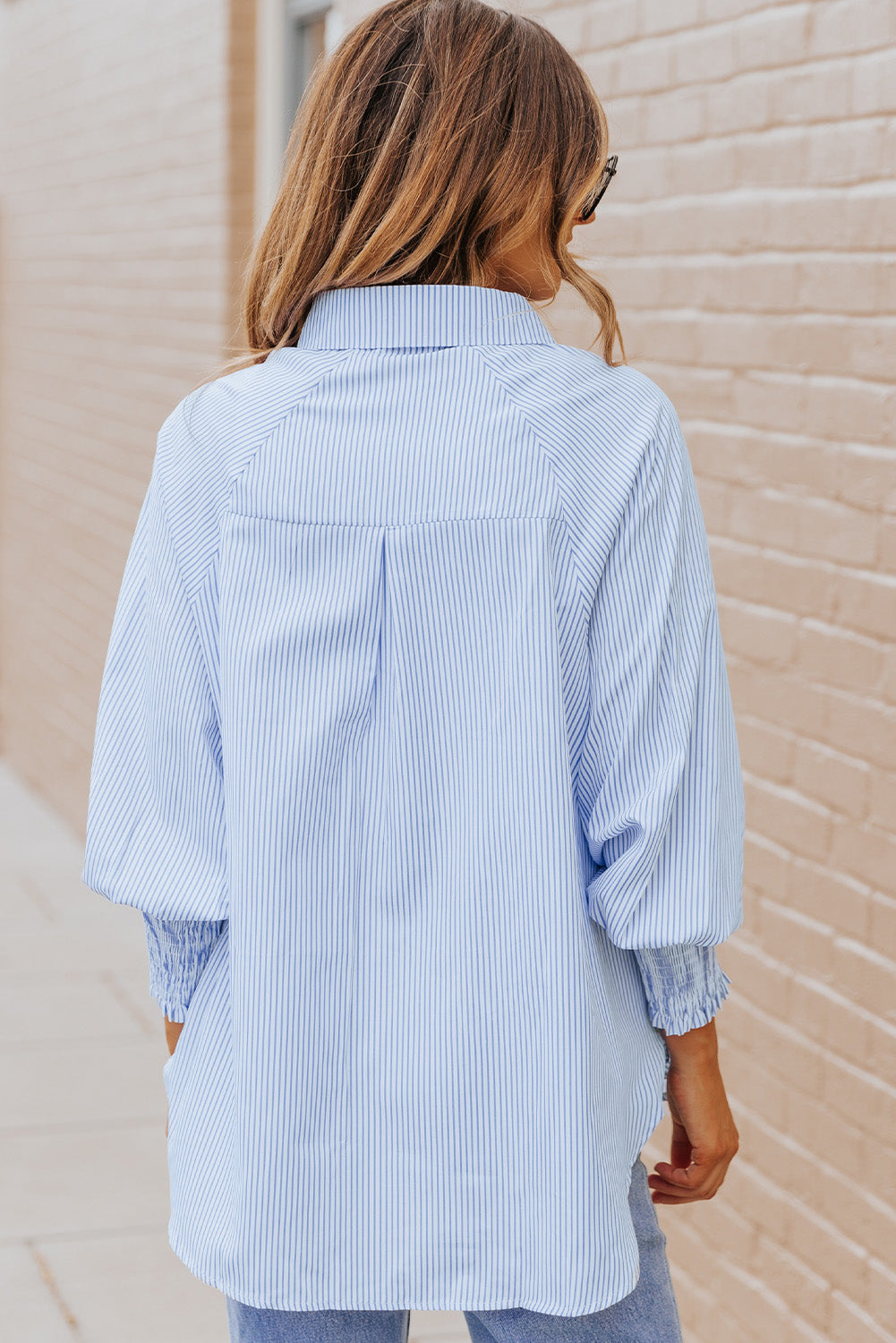 Striped Lantern Sleeve Collared Shirt