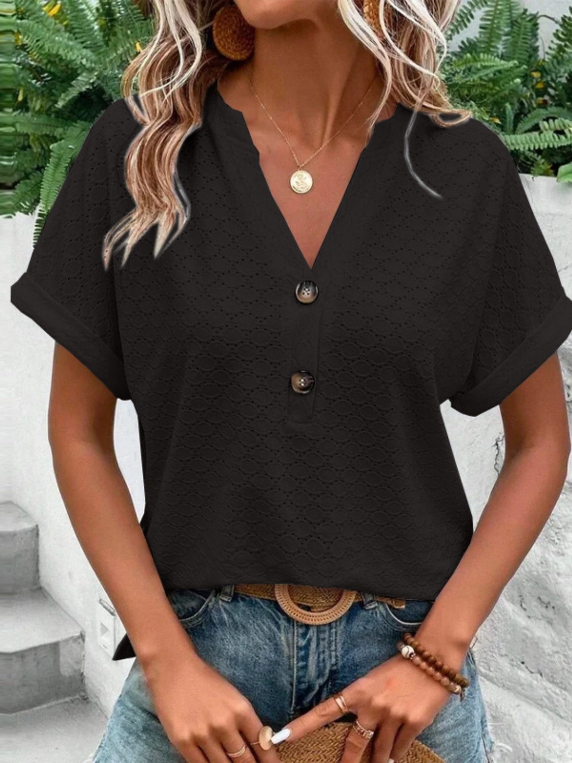 Eyelet Notched Short Sleeve Blouse