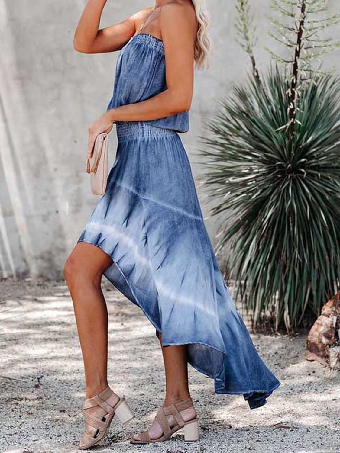 Smocked High-Low Tube Denim Dress