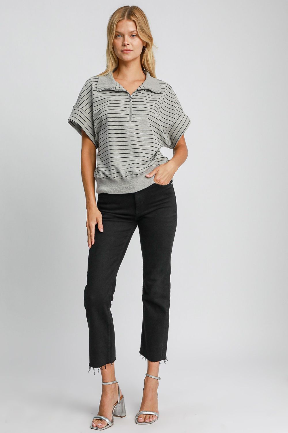 Umgee Striped Half Zip Short Sleeve Sweatshirt