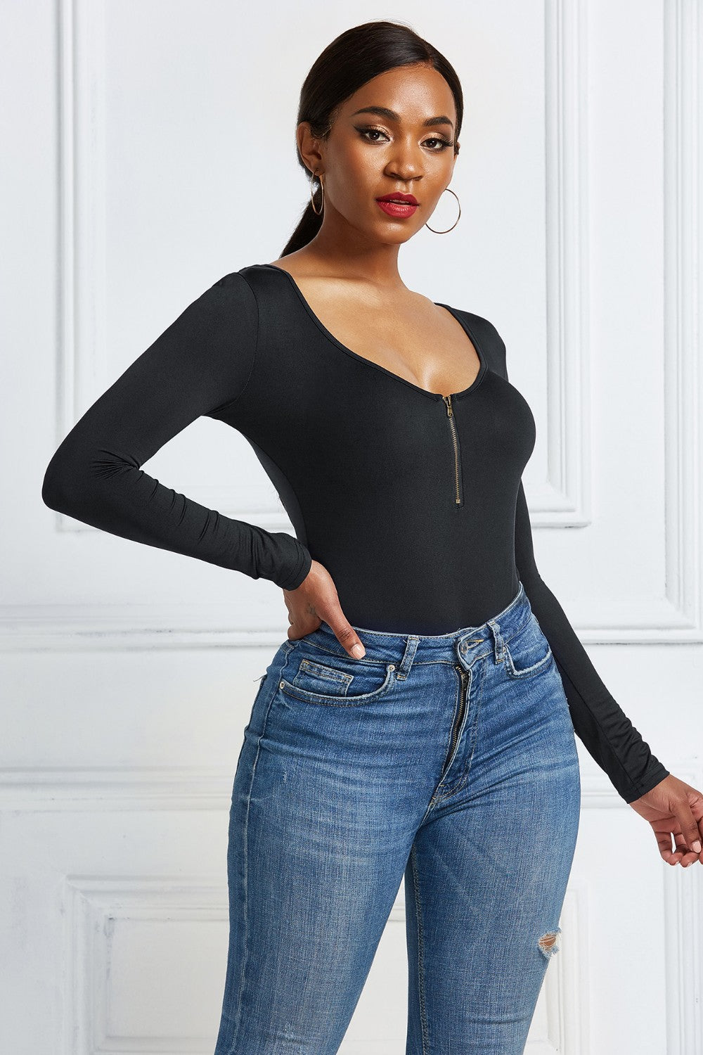 Half Zip Scoop Neck Long Sleeve Bodysuit