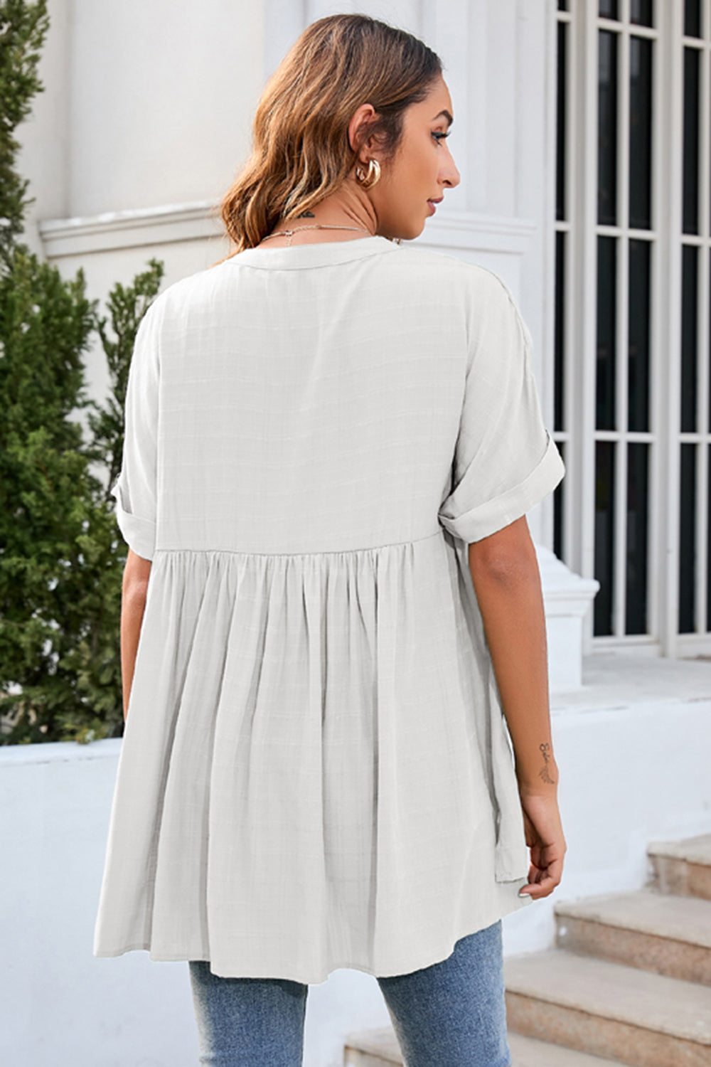 Ruched Notched Short Sleeve Blouse