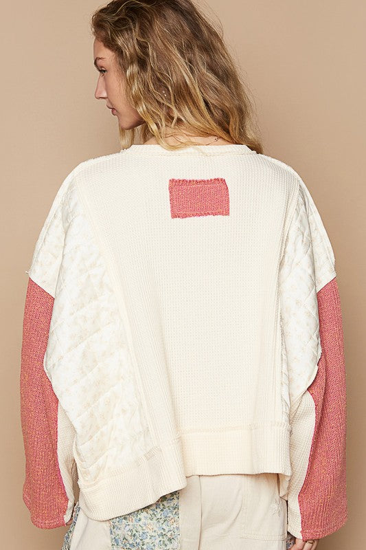 POL Waffle-Knit Contrast Notched Long Sleeve Knit Top