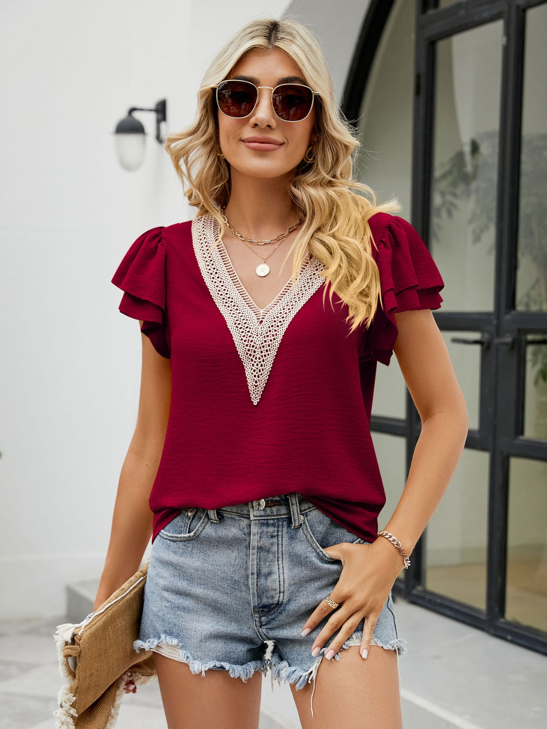 V-Neck Flutter Sleeve Blouse